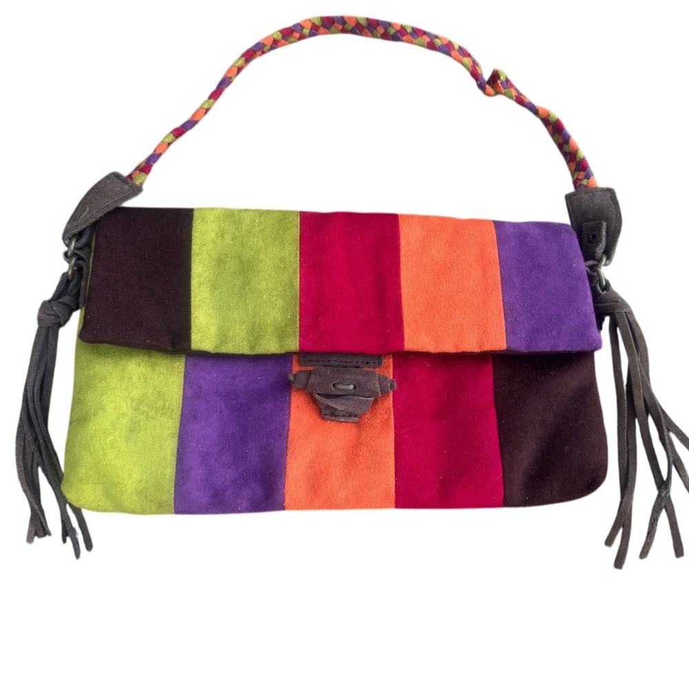 VTG Italian Designer Suede Purse Bold Colors Fabric Lined Short Shoulder Strap